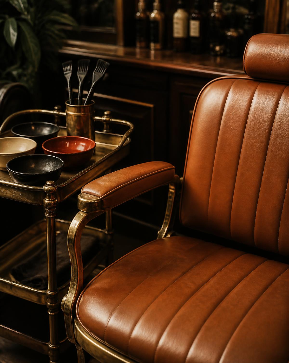 Caramel leather styling chair beside a brass trolley holding color mixing bowls and tint brushes
