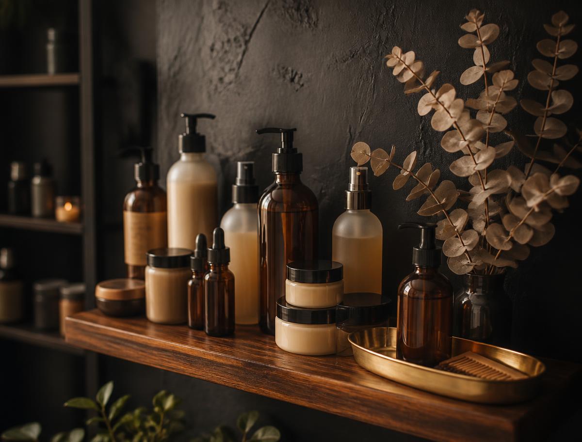 Amber and frosted bottles of hair care products on a wooden shelf against a dark plaster wall