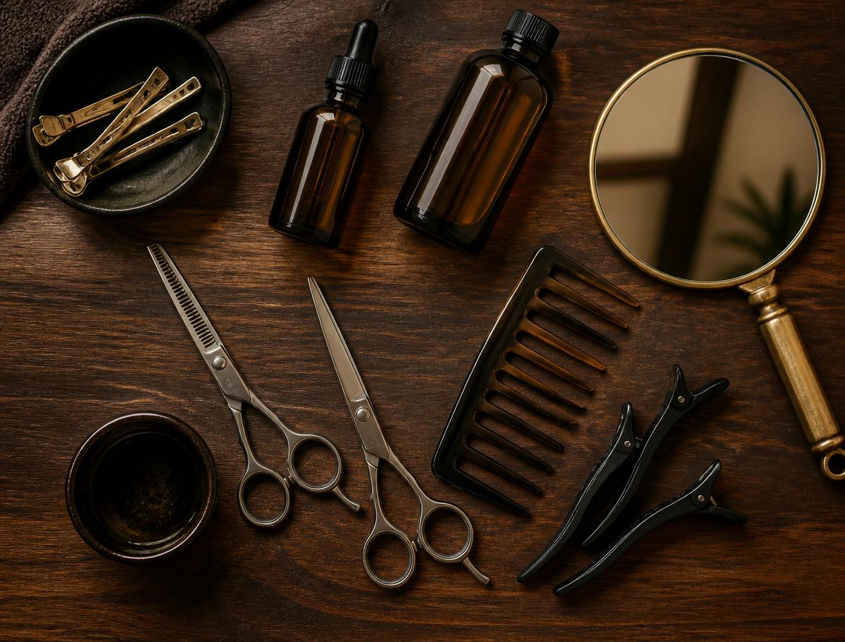Shears, a wide tooth comb, sectioning clips, and amber oil bottles arranged on a dark wood counter