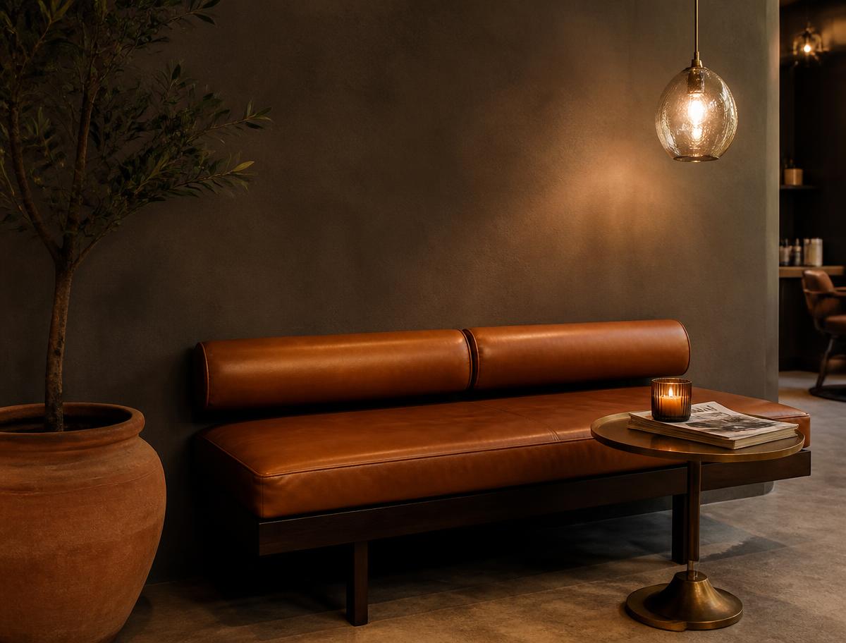Caramel leather bench under a warm pendant light beside a potted olive tree in a salon lounge