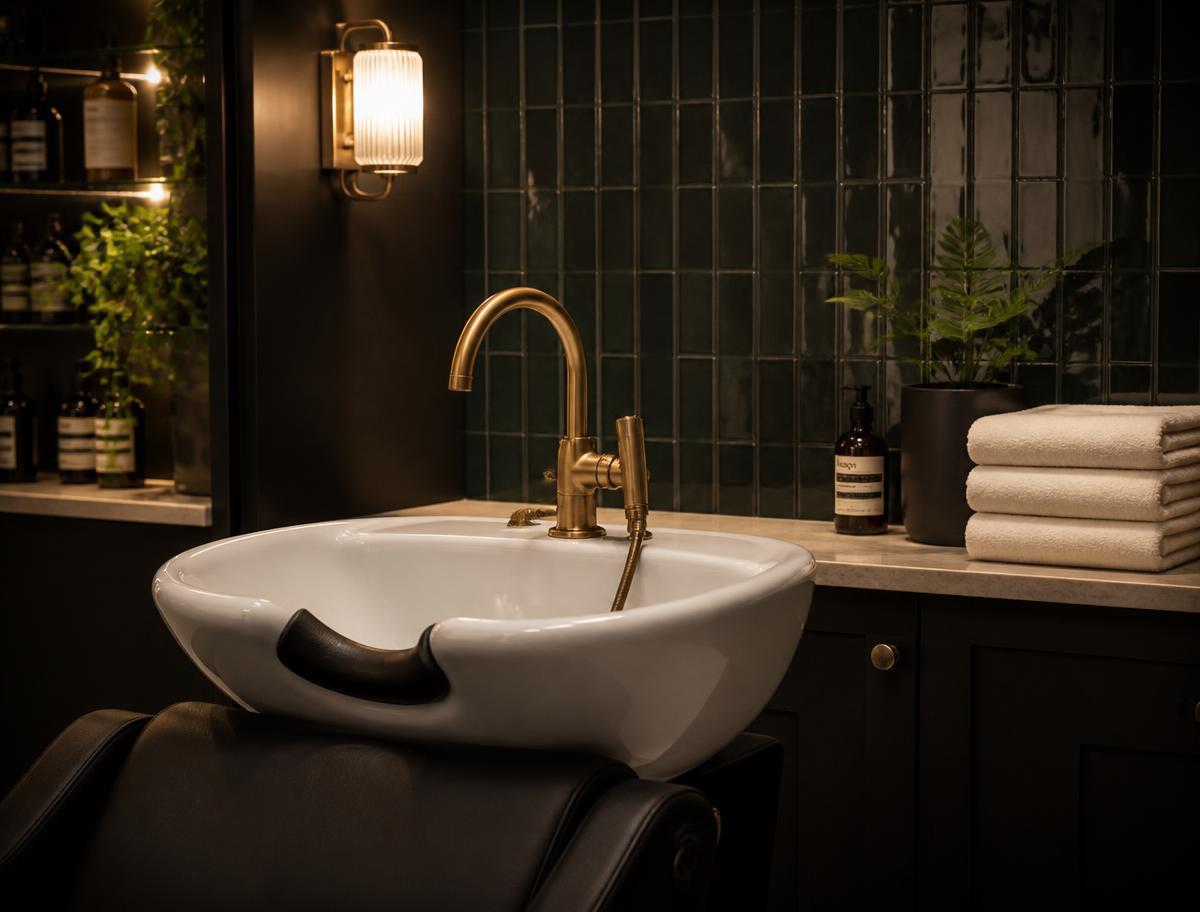 Ceramic shampoo basin with a brass faucet, folded cream towels, and a fern against dark green tile
